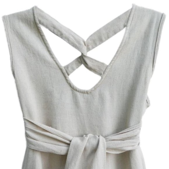 Vintage Peasant Midi Dress Fit Flare Empire Linen Blend Empire Twist Back Tie 14 - Picture 6 of 11